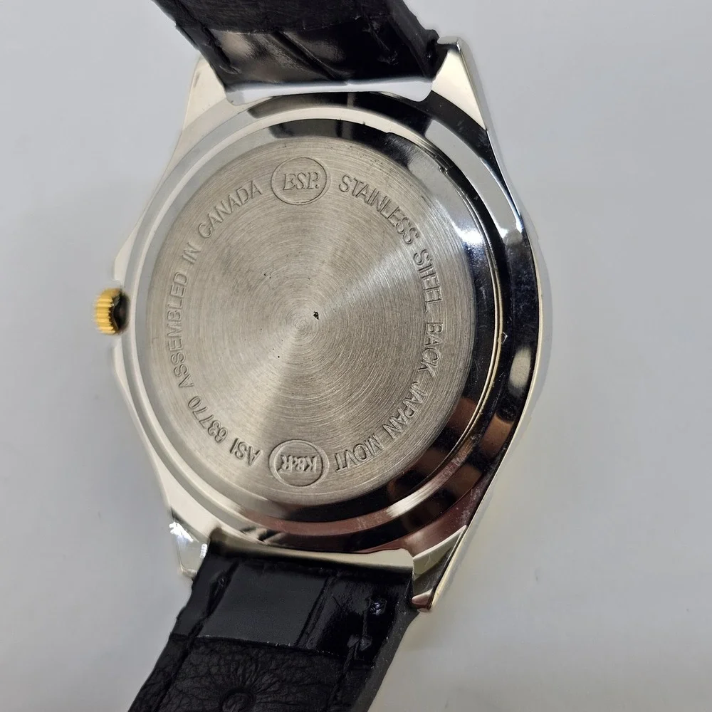 Men's Analog Dress Watch 37MM Light Gold Dial Black Leather Bands New Battery